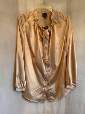 NWT Queen Collection Queen Latifah Gold Satin Bow Button Down Blouse size Small